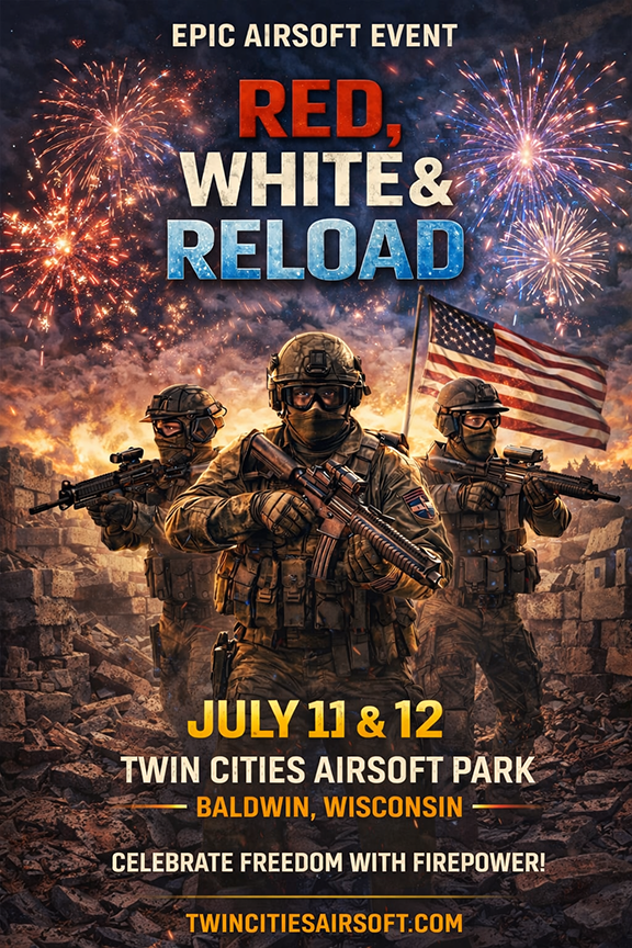 RED, WHITE & RELOAD AIRSOFT GAME POSTER